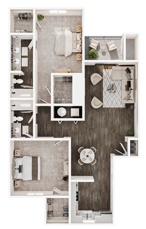 Floor plan for 2 beds, 2 baths, 1070 sqft